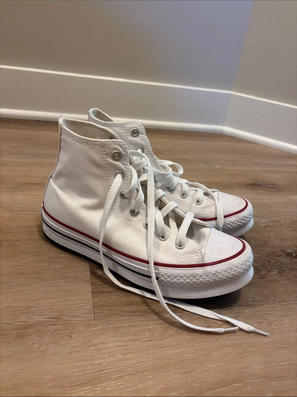 Converse White High Top Sneakers with Red Trim